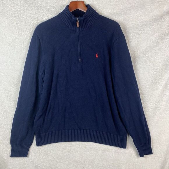 Men's POLO RALPH LAUREN 1/4 Zip L/S Cotton‎ Sweater Cruise Navy Sz XL - Picture 1 of 9